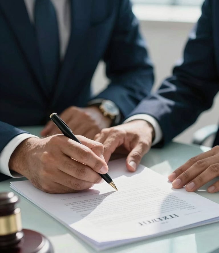 A close-up of professional hands signing legal documents in a bright Latin American / Spanish legal chamber, natural sunlight, soft aqua blue and dark navy blue accents, clean composition.