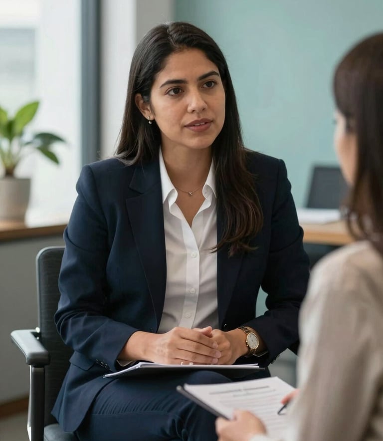 A professional legal advocate having an empathetic conversation with a client in a bright, modern Latin American / Spanish office. The setting features elements of dark navy blue and muted teal decor, with soft natural lighting suggesting trust and safety.