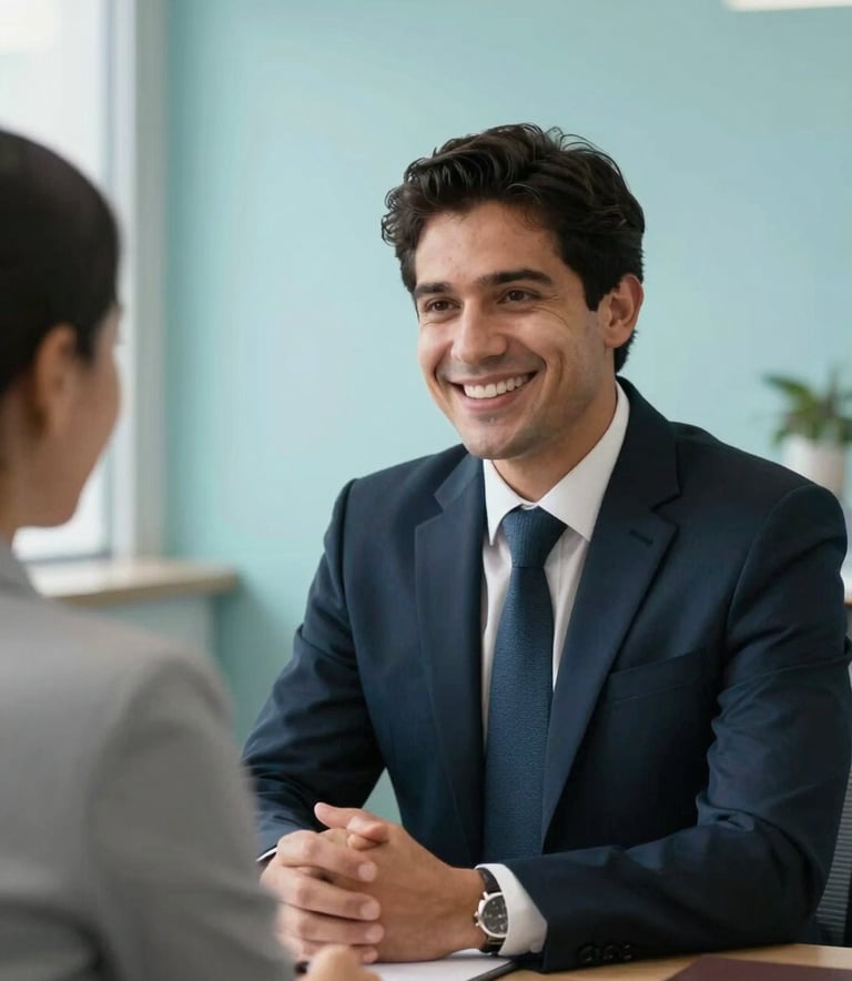A professional lawyer in a modern Latin American / Spanish office, smiling warmly while conversing with a client, soft aqua blue walls, natural lighting, atmosphere of trust.