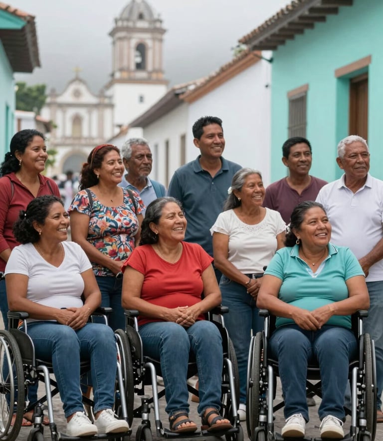 A diverse group of people in a Latin American / Spanish community setting, including individuals with disabilities, all sharing a moment of genuine joy and satisfaction. The background includes misty white architecture and soft aqua accents.