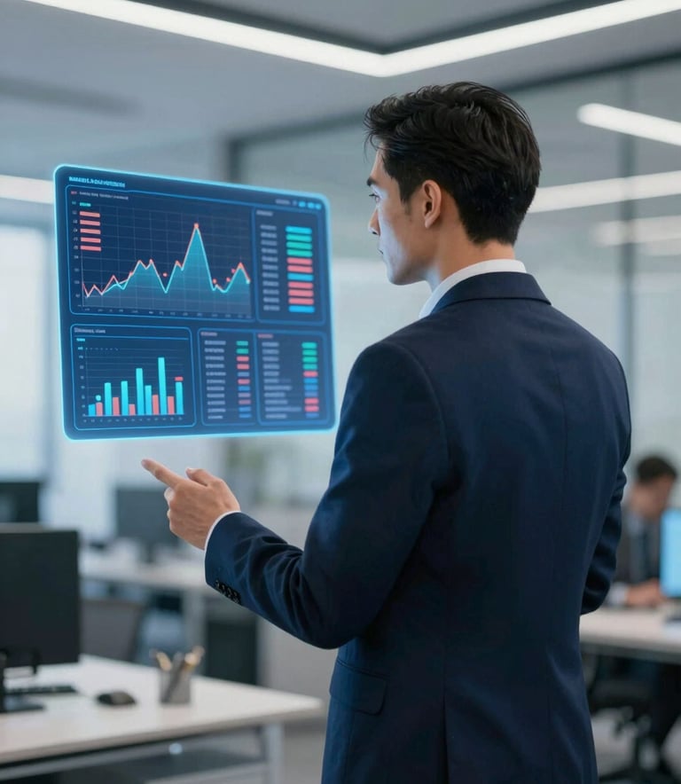 A professional investor viewing a holographic market analysis chart, modern office setting, cool lighting, sophisticated atmosphere using #0B132B and #5082A7.