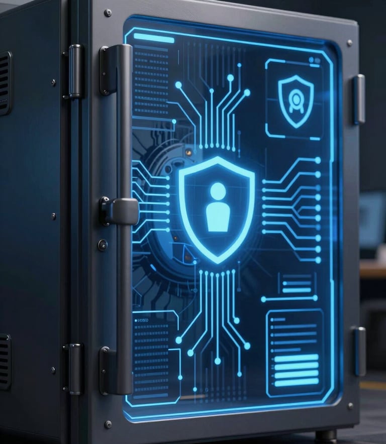 A sophisticated digital vault and security interface visualization. The image features glowing blue circuit lines, abstract data nodes, and shield icons. The lighting is focused and clean, using a palette of #1C3B4E and #5082A7 against a dark background to convey ultimate asset security and professional risk management.