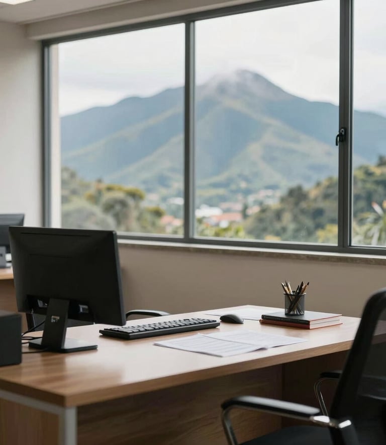 A clean and organized legal office workspace with a view of the Colombian mountains through the window, bright morning light, professional and calming atmosphere.