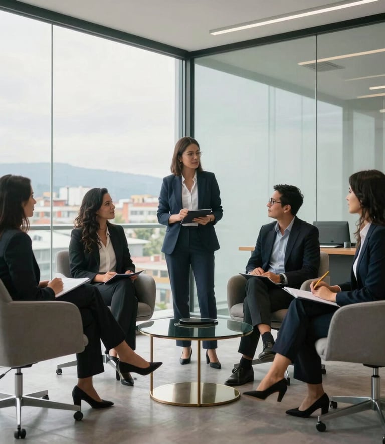 A professional Colombian legal team in a bright, modern glass-walled office in Bogota, collaborative atmosphere with high-end furniture, natural soft lighting, sleek and professional style.