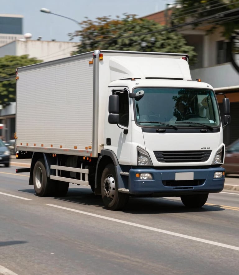 A medium-sized white cargo truck navigating a clean, sunlit Brazilian urban street. The truck is well-maintained with steel blue details. Professional action shot with a slight motion blur on the background to emphasize speed and punctuality.