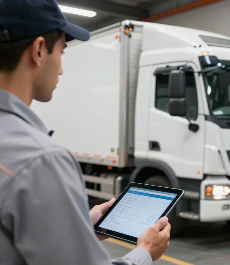 Close-up photography of a professional logistician in a Brazilian warehouse environment, wearing a clean uniform and holding a digital tablet. In the background, the side of a polished white delivery truck is visible under bright, professional lighting. The atmosphere is efficient and modern.