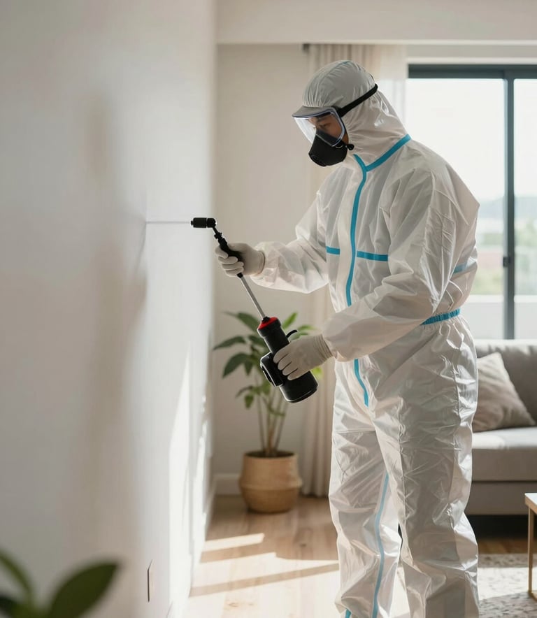 A professional technician in clean protective gear discreetly applying pest control treatment to the corner of a modern South American living room, bright natural lighting, professional photography.