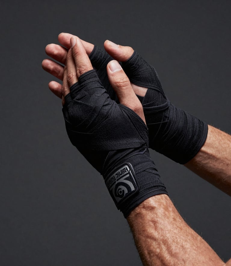 Photography of a male athlete's hands being tightly wrapped in boxing cloth, focusing on the preparation and grit. Waist-up composition. Dark Charcoal background with dramatic lighting. Global / Performance Athletics.