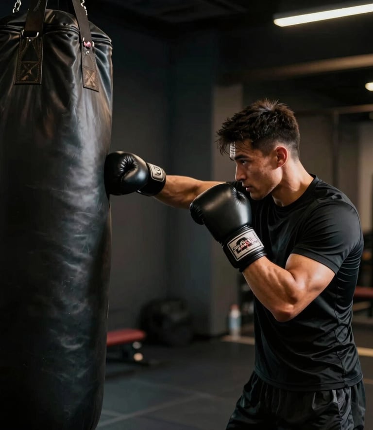 A high-performance training scene in a dark, premium gym. A male athlete is seen from the waist up, wearing a loose-fitting black athletic shirt, focusing on a heavy bag in a boxing gym. The lighting is dramatic and cinematic, with deep shadows and soft gold highlights. Global / Performance Athletics.