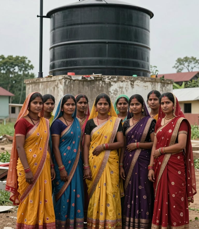 A group of South Asian women in colorful traditional attire standing together near a newly constructed village water storage tank, representing community management and empowerment.