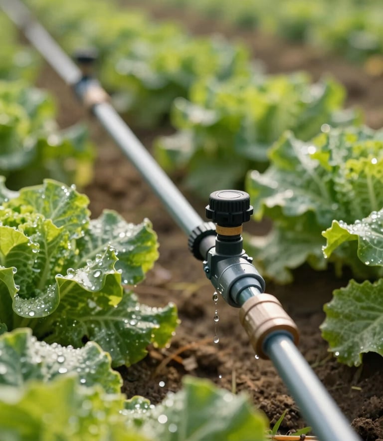 Detailed close-up of a modern drip irrigation system in a South Asian field, sunlight glinting off clean water droplets on bright green vegetable leaves, soft-focus agricultural background.