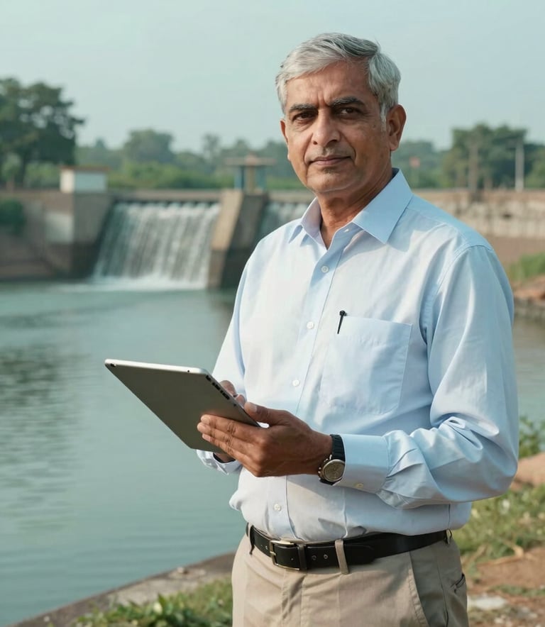 A professional portrait of a senior South Asian consultant, Dr. Rao, in an outdoor rural Indian setting, standing near a newly constructed watershed check dam. He is dressed in smart casual professional attire, holding a digital tablet, embodying trust and decades of expertise in water resource management. Soft natural lighting with teal and pale cyan tones.