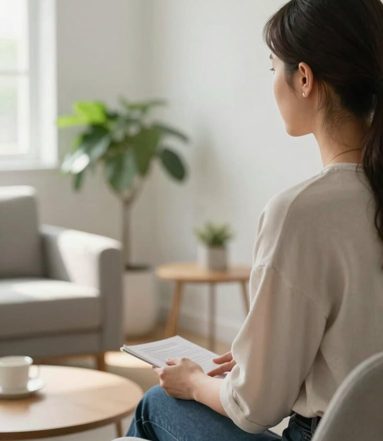 A professional and empathetic person sitting in a bright, modern North American counseling room, listening with care. The setting is clean and accessible, with a soft green plant in the corner and warm, inviting sunlight. The composition is a medium shot that evokes trust and peace.
