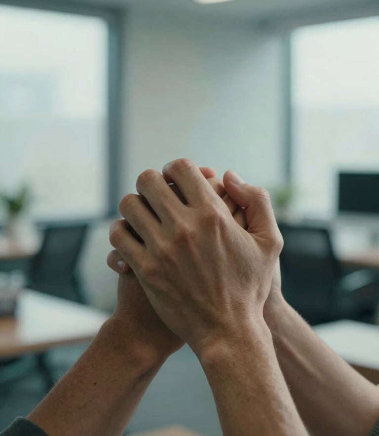 A close-up photograph of two people's hands clasping in a supportive, comforting gesture during a session. The lighting is soft and natural from a nearby window in a modern North American office. The atmosphere is one of empathy and connection, featuring muted teal and soft green tones in the background.