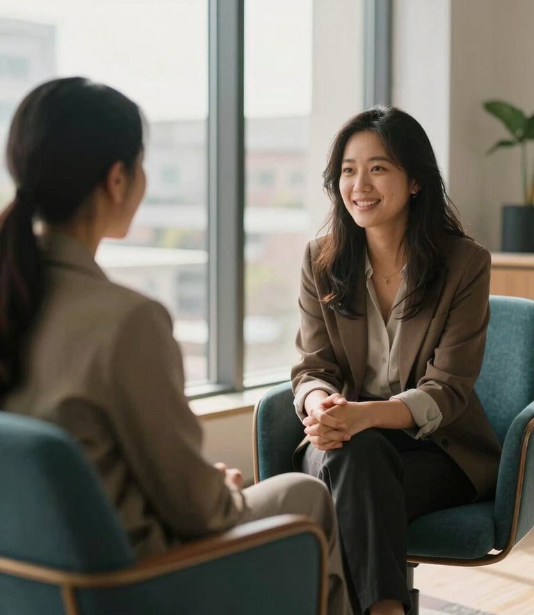 A compassionate one-on-one session in a bright, modern North American office. Two individuals are engaged in a supportive conversation, seated in comfortable chairs with soft teal cushions. The lighting is warm and natural, coming from a large window, creating a safe and hopeful atmosphere.