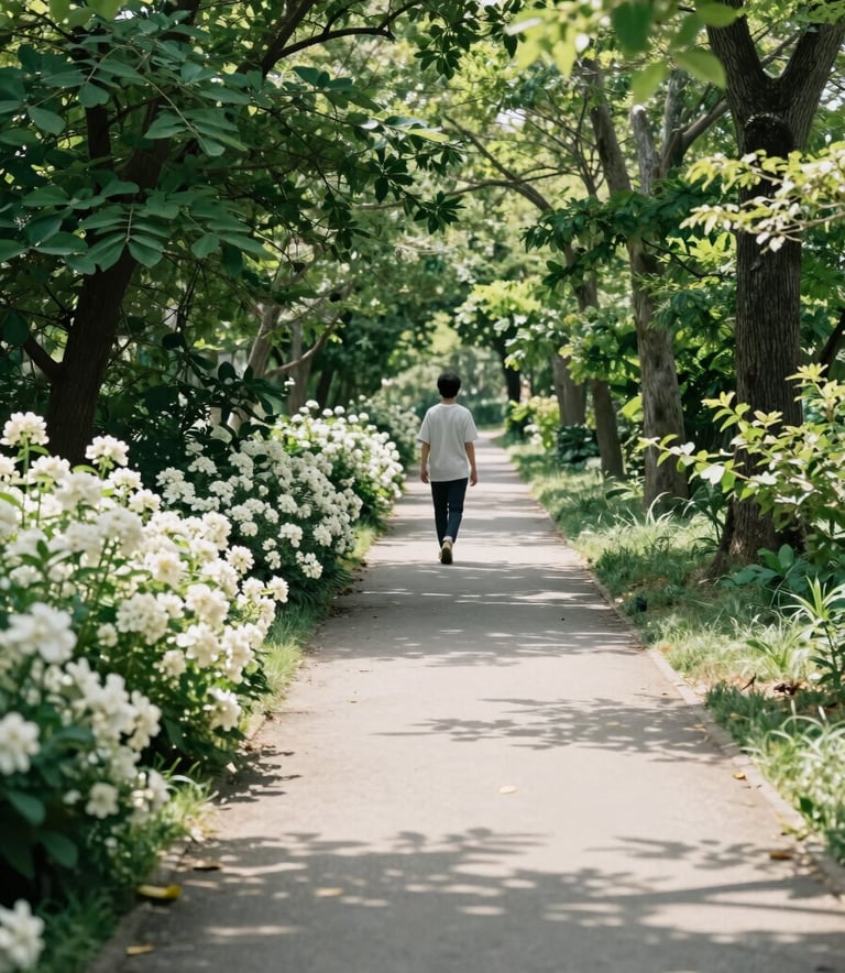 A peaceful North American park setting where a person is walking along a sun-dappled path lined with lush greenery and soft white flowers. The composition is open and airy, using light teal and off-white tones to evoke a sense of calm, journey, and progress.