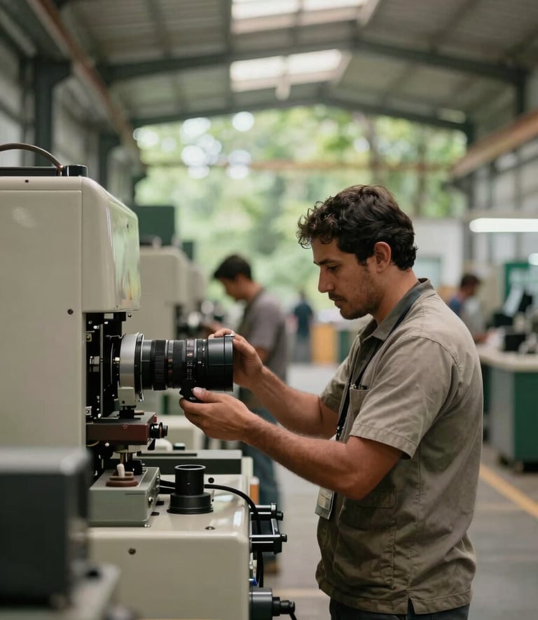 A professional photographer capturing content inside a modern industrial facility in Mexico, focused on the interaction between workers and machinery, soft natural light, forest green and beige environment.