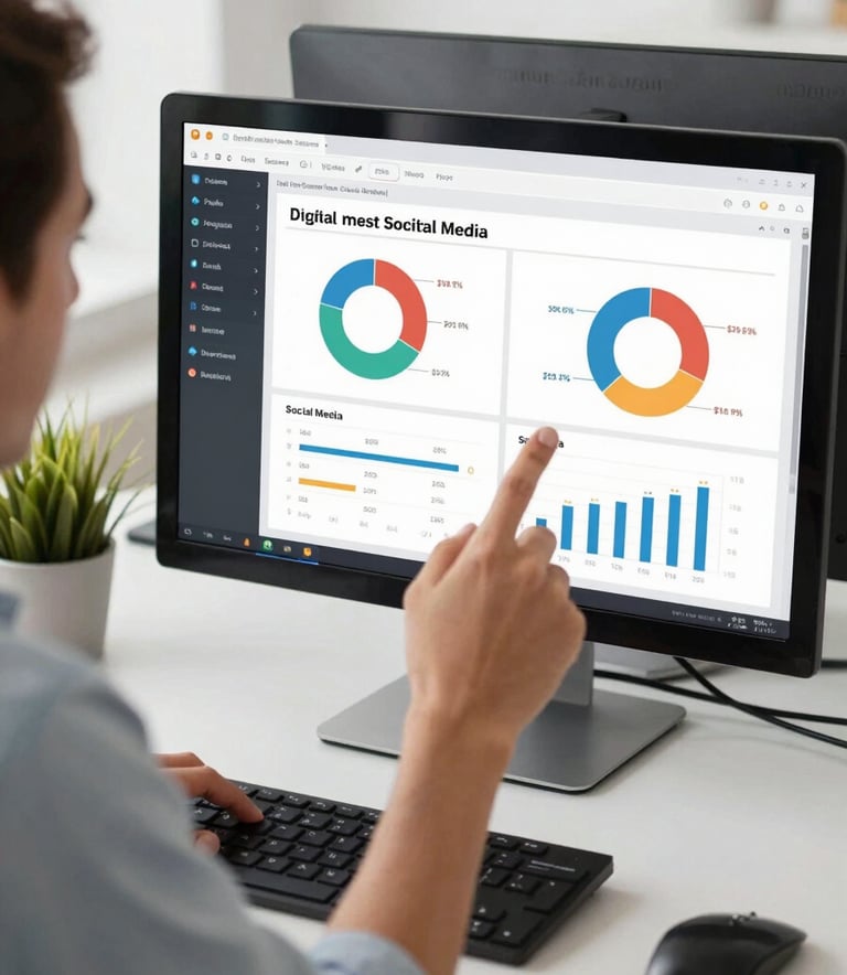 A close-up of a digital marketing specialist in a North American / Mexican office analyzing social media metrics on a dual-monitor setup, clean and professional desk with a small plant.