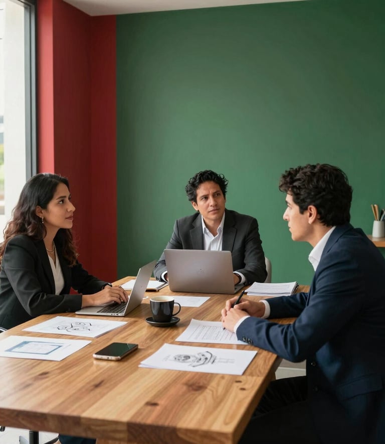 Fotografía de una oficina moderna y elegante en México, tres profesionales creativos norteamericanos / mexicanos en una reunión estratégica sobre una mesa de madera clara con bocetos, acentos en rojo carmesí y verde bosque en la decoración, luz matutina clara y atmósfera de colaboración profesional.