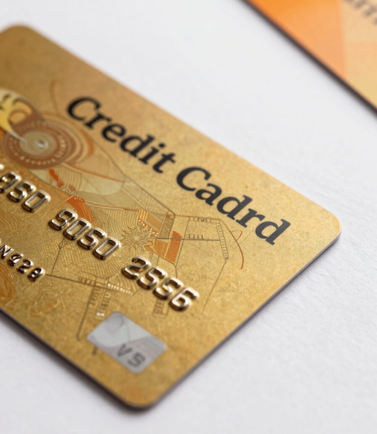 A close-up of a high-end Indian credit card resting on a clean white surface with an orange accent element nearby, professional studio photography, reflecting a premium financial aesthetic.