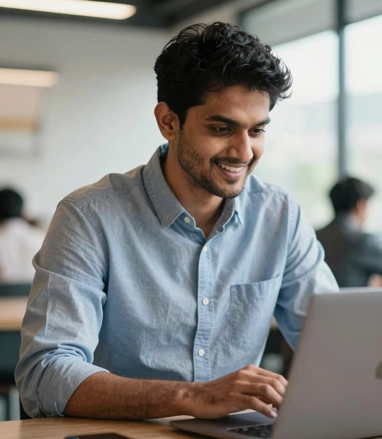 A professional South Asian man in a business casual outfit, sitting in a bright, modern Indian coworking space, looking at a laptop with a focused and energetic expression, soft natural light.