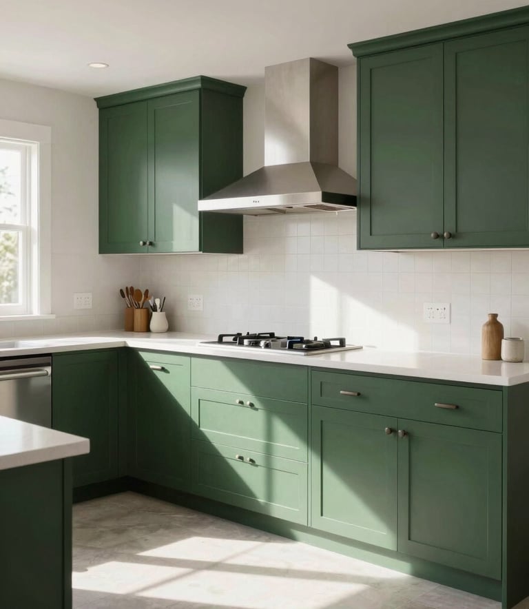 A high-quality, professional photograph of a clean, modern North American / US home interior, specifically a pristine kitchen area with sunlight streaming in, conveying a sense of relief and safety. The color palette includes Crisp Off-White walls and Deep Forest Green accents in the decor.