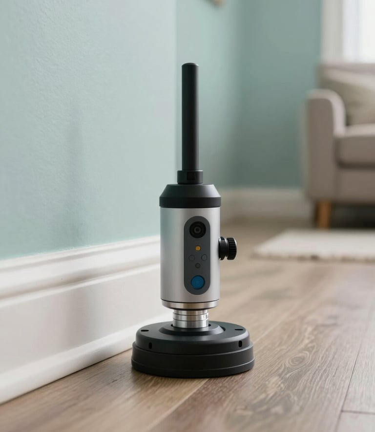 A macro shot of a modern, high-tech pest inspection tool being used along the baseboards of a well-lit North American / US living room. The background is soft and clean, featuring Soft Mist Aqua wall tones and professional focus.