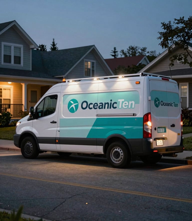 A clean service vehicle with professional branding parked on a quiet residential street in a North American / US neighborhood at dusk. The scene is lit with cinematic, warm street lighting, featuring subtle accents of Oceanic Teal and Dark Deep Teal in the environment.