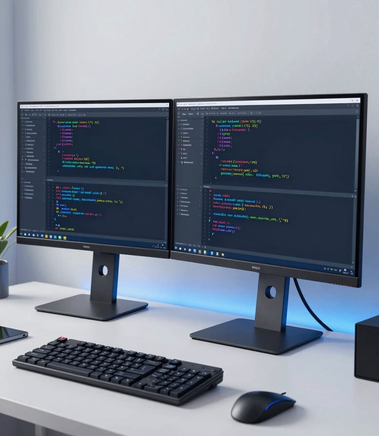 A high-end workstation with a dual-monitor setup showing lines of code and a professional IDE, located in a bright, modern European study space. The composition is clean and minimalist with soft blue and white lighting accents.