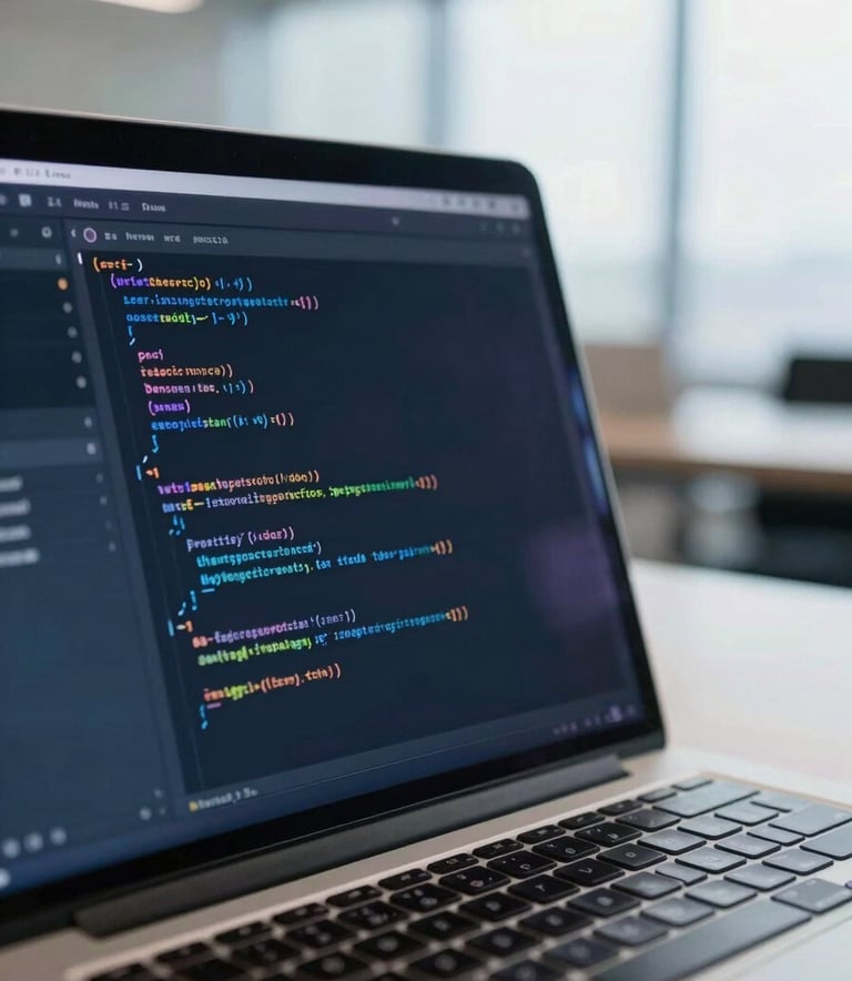 A close-up photograph of a professional laptop screen showing lines of code, taken in a bright, modern European office setting with soft natural light and deep blue color accents.
