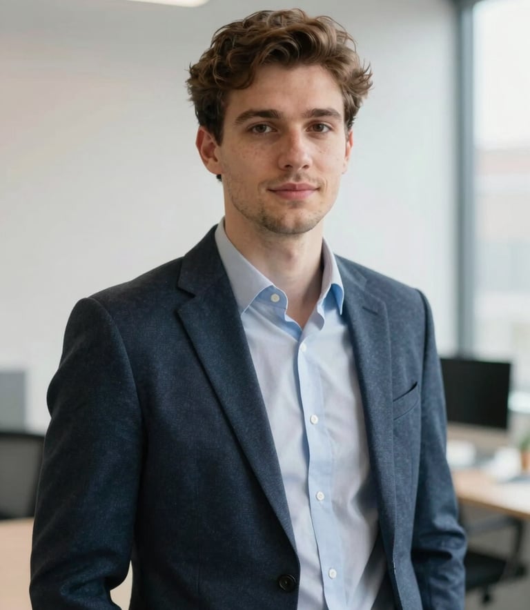 A professional portrait of a young adult in business casual attire in a bright, minimalist office setting in Lyon, France. The style is professional and approachable with a shallow depth of field and soft natural light.