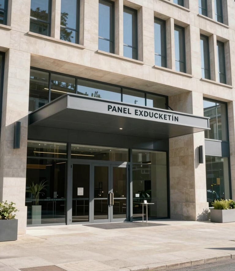 Wide shot of a prestigious modern building entrance in Lyon, France, representing professional education, shot in bright daylight with a clean architectural style.