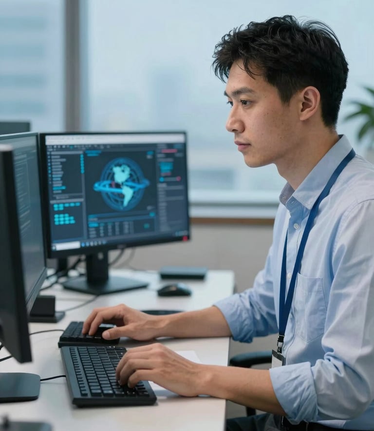 A focused technical recruiter in an International / Global high-tech office using a multi-monitor setup, with Soft Sky Blue and Steel Blue accents in the background, professional photography.