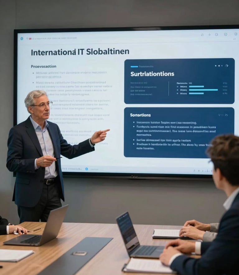 A senior IT consultant presenting a strategy in an International / Global boardroom, using a large touchscreen with Mist Gray and Deep Navy Blue UI elements, cinematic lighting.