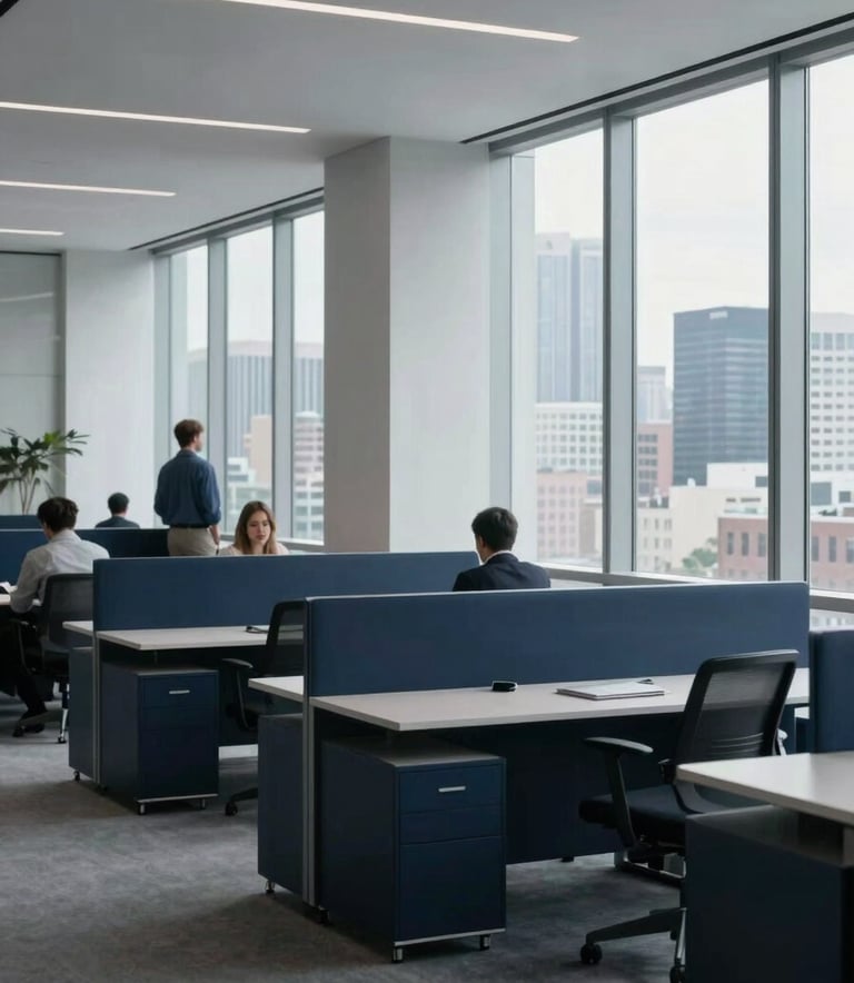 Photography of a sleek, minimalist IT office in an International / Global metropolitan area. Large windows reveal a city skyline. Professionals in business casual attire are visible in the distance. The scene is lit with natural daylight and soft Mist Grey tones, with Deep Navy Blue office furniture.