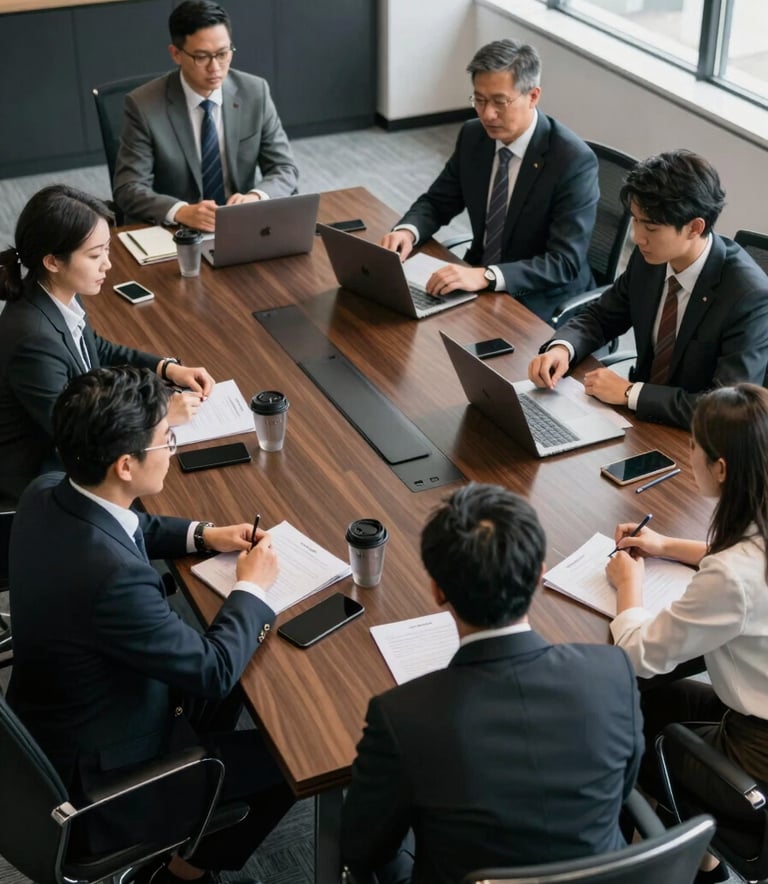 A high-angle photography shot of a sleek North American / US boardroom meeting setting, with professionals collaborating around a large table, natural light, and charcoal black accents in a professional atmosphere.