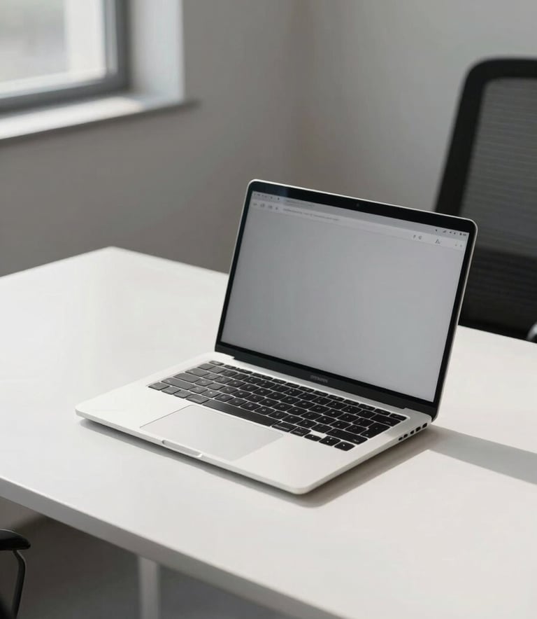 A sleek silver laptop on a minimalist white desk in a sunlit, modern North American / US corporate office, captured in a clean and sophisticated photography style.