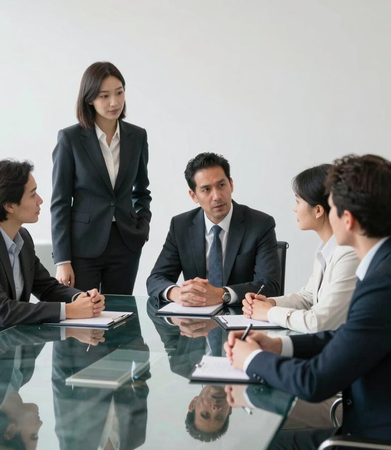 Professional colleagues discussing strategy around a glass table in a sophisticated North American / US boardroom with pure white and charcoal accents.