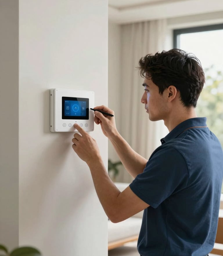 A professional electrician installing a modern smart-home system in a contemporary European / French residence, bright natural lighting with cool alabaster tones.