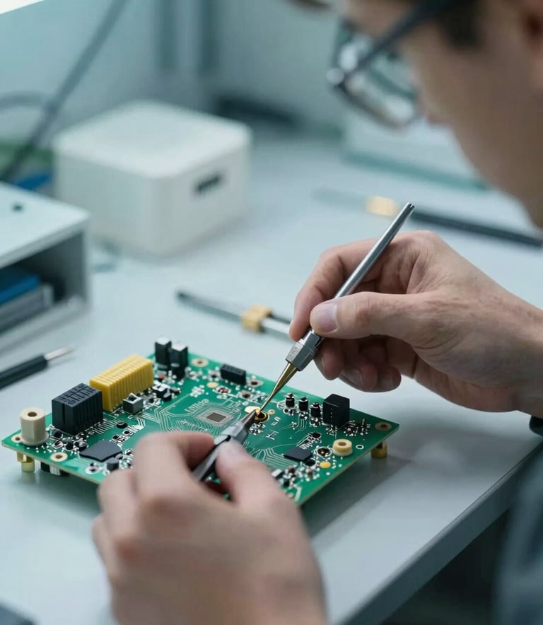 A close-up photograph of a professional technician's hands repairing a circuit board in a modern European / French laboratory, with precision tools and soft misty aqua lighting accents.