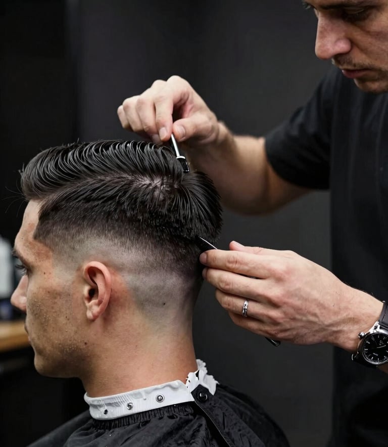 A close-up photograph of a master barber in a sophisticated shop in Tulcea, performing a precise fade haircut on a client. The lighting is focused and dramatic, highlighting the sharp lines and clean technique. European / Romanian style setting with charcoal black and soft silver accents.