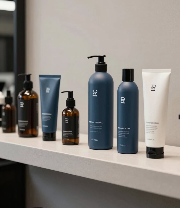 A high-end selection of grooming products displayed on a minimalist shelf. The lighting is soft and moody, reflecting a masculine, sophisticated environment. European / Romanian premium barber shop setting. Palette colors: slate blue and off-white.