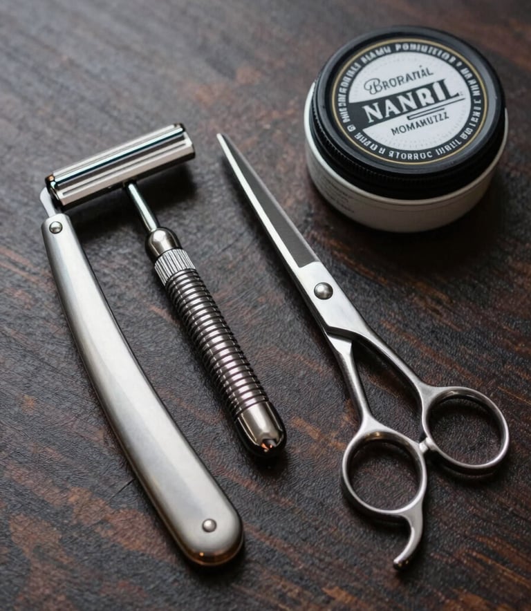 An artistic flat lay of high-end grooming tools: a classic straight razor, a silver scissors set, and a premium pomade jar on a dark wood surface. Professional studio lighting, reflecting a sophisticated masculine style. European / Romanian context.