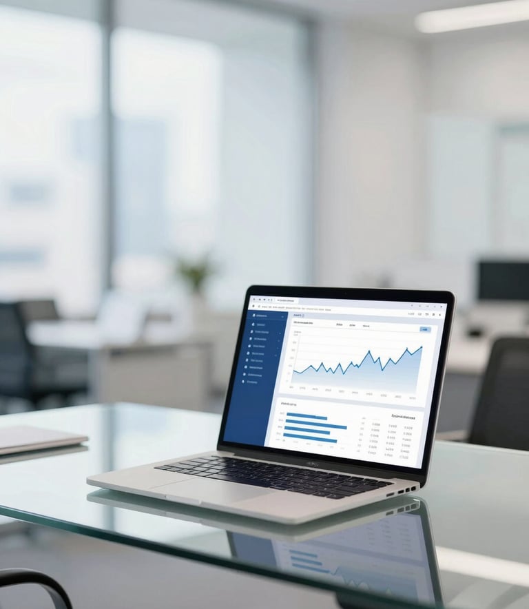 A high-end office interior with a glass desk, a modern laptop showing financial charts, and clean professional decor with subtle blue accents.