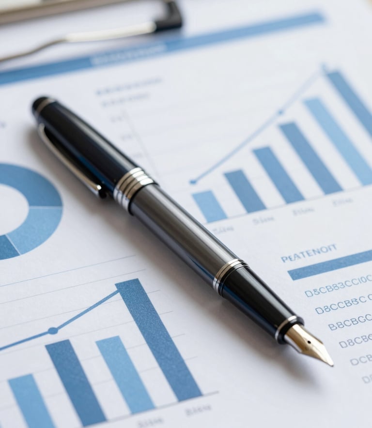 A close-up of a high-end fountain pen resting on a clean, professional financial report with graphs. The scene is bright and airy with soft blue tones (#8CB3C7) and clean white surfaces, reflecting absolute trustworthiness and modern efficiency.