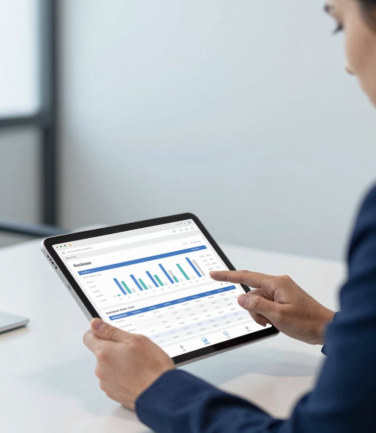 A professional accountant in a clean, modern office reviewing digital financial reports on a tablet, professional and trustworthy atmosphere, incorporating soft navy blue and light blue tones.