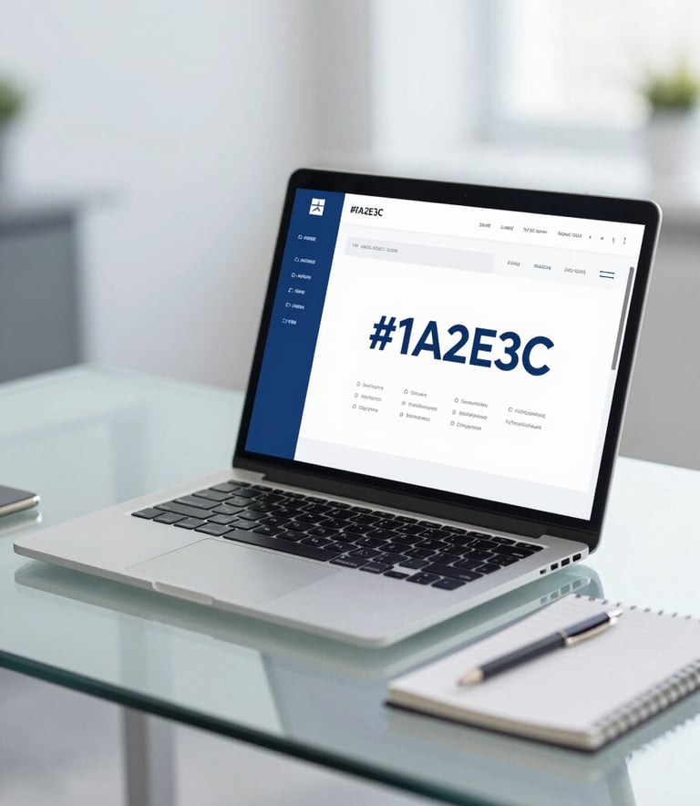 A sophisticated, modern office setting with a glass-topped desk, a sleek laptop, and a notepad. The color palette emphasizes corporate blues (#1A2E3C) and whites (#F5F8FA), projecting professional competence and clarity.