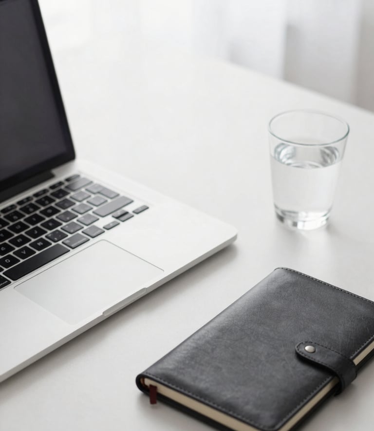 A crisp, professional high-angle shot of an organized desk with a high-end laptop, a leather-bound notebook, and a glass of water. Minimalist and corporate style with a palette of #F8F8F8 and #1A202C.