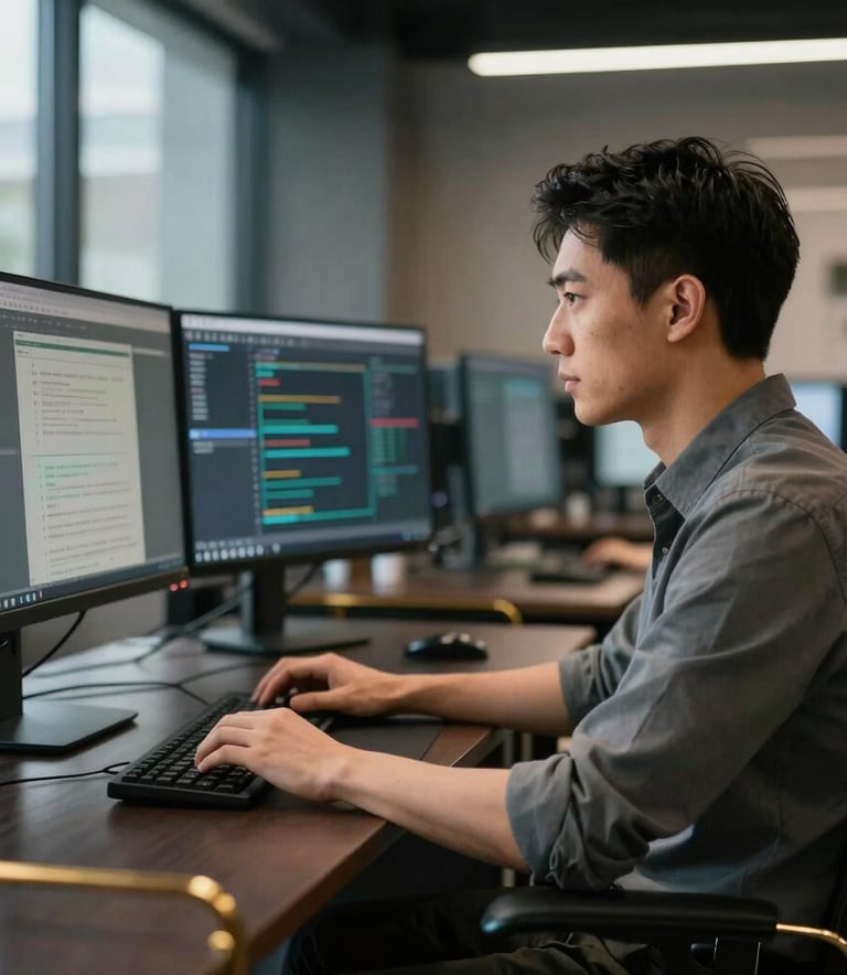 A focused digital marketing specialist working in a sleek, modern office with dark furniture and gold accents in the United States. They are looking at high-end monitors with data blurred in the background. High-trust atmosphere.