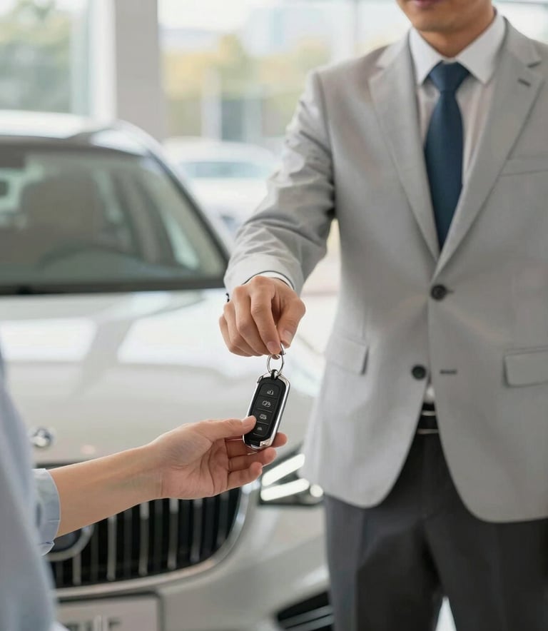 A luxury car sales professional in a crisp suit handing over the key fob of a premium sedan to a client in a bright, modern North American &amp;amp;amp;#x2F; US showroom. Soft morning light, professional atmosphere, shallow depth of field.